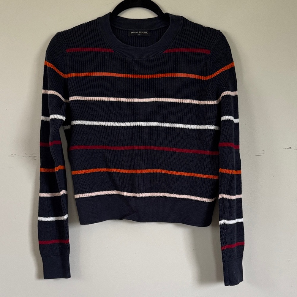 Banana Republic Navy Multicolor Stripe Crop Sweater SP Petite 100% Cotton Crew N